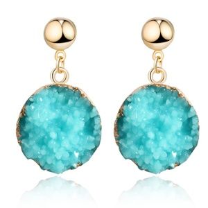 Statement teal resin druzy gold earrings